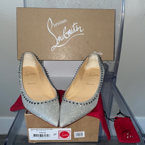Christian Louboutin new 37,ANJALINA FLAT GLITTER MINI SV71 SILVER,serial#1200727 - Picture 7 of 14